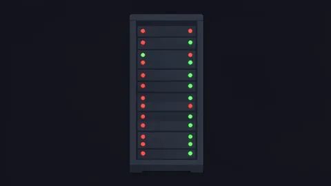 A server rack with blinking status lights in a dark room