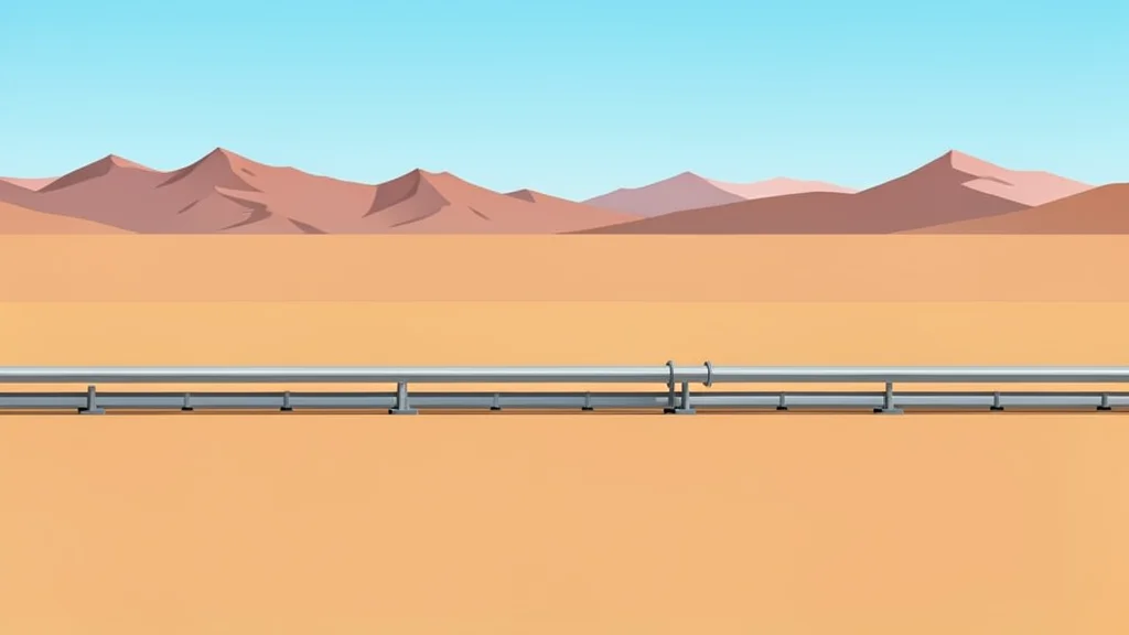 A vast, arid desert landscape with distant mountain ranges and a single, isolated gas pipeline running across the dry terrain