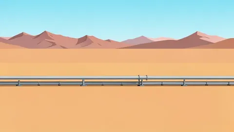 A vast, arid desert landscape with distant mountain ranges and a single, isolated gas pipeline running across the dry terrain