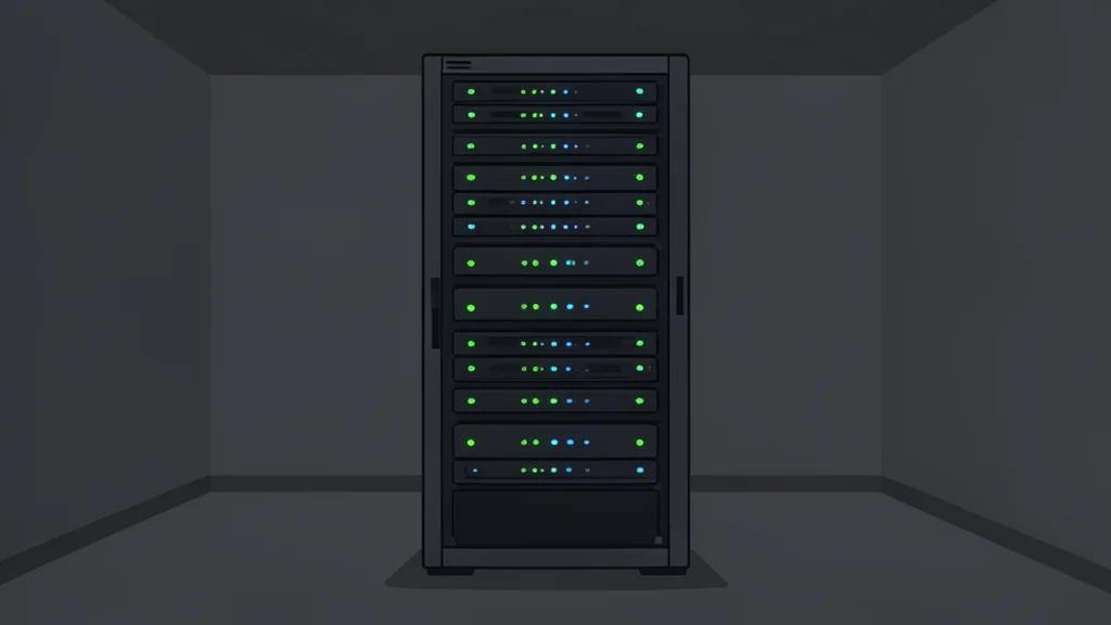 A server rack with blinking status lights in a dark data center