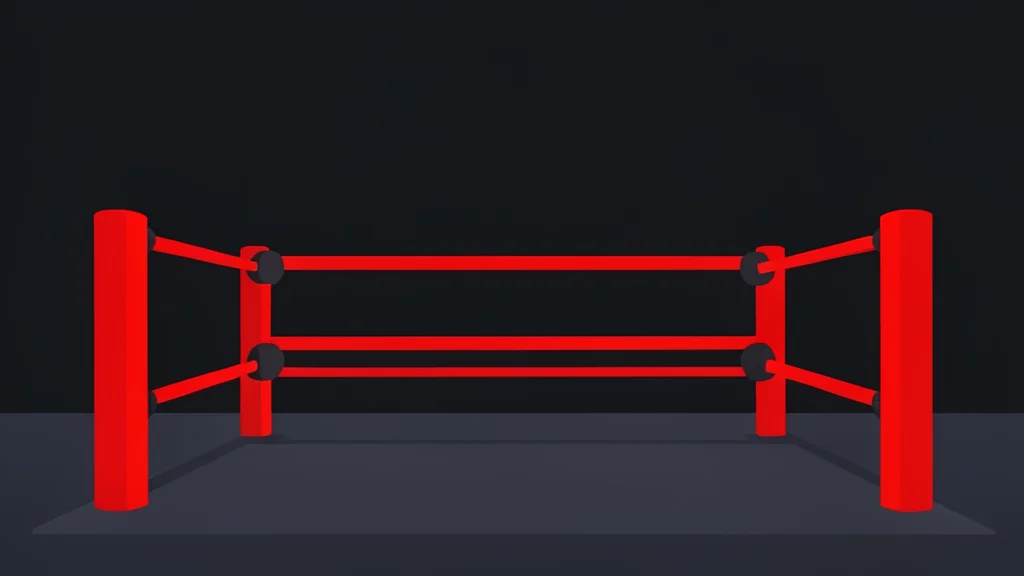 A wrestling ring with red ropes and turnbuckles in a darkened arena