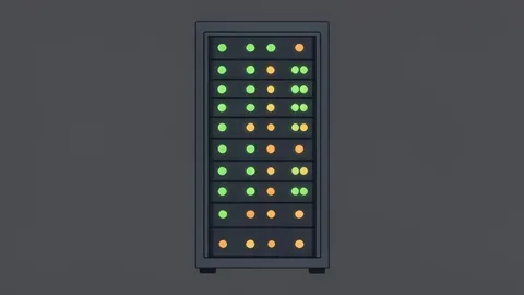 A server rack with blinking status lights