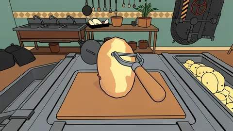 A wooden table covered in raw potatoes and a metal peeling knife