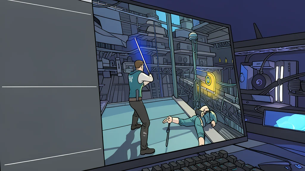 A flat-vector illustration of a desktop computer tower with a glowing internal fan and a mechanical keyboard on a desk