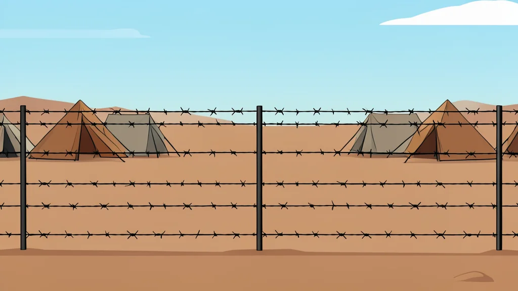 A barbed wire fence surrounding a dusty, barren landscape with simple tents in the background