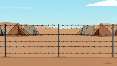 A barbed wire fence surrounding a dusty, barren landscape with simple tents in the background