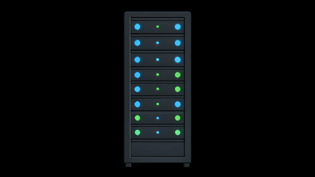 A server rack with blinking status lights in a dark data center