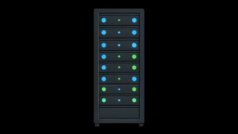 A server rack with blinking status lights in a dark data center