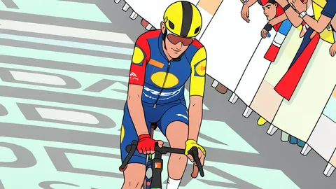 A paved road curving through a dense forest with a cyclist's helmet resting on the asphalt