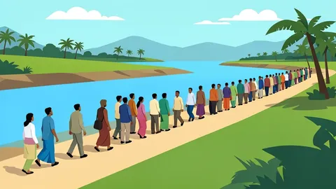 A flat vector illustration of a riverbank in a South Asian landscape with a procession of people walking along the path.