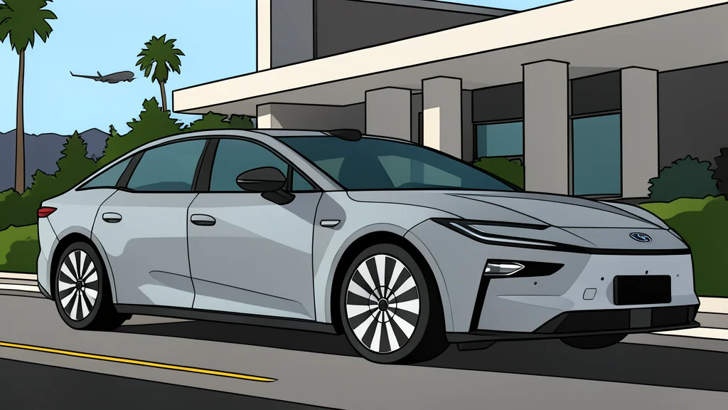 A sleek modern electric vehicle connected to a charging station with a visible cable.