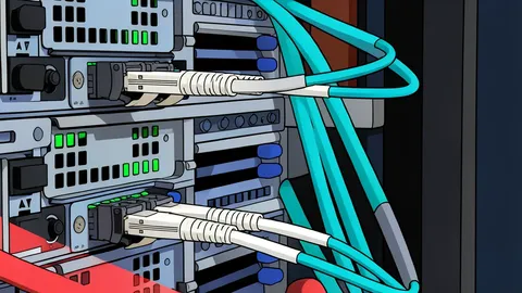 Flat vector illustration of rows of server racks in a data center