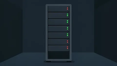 A server rack with blinking status lights in a dark data center