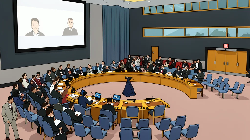 A wide-angle view of the United Nations General Assembly hall with empty seats and a central podium.
