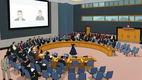A wide-angle view of the United Nations General Assembly hall with empty seats and a central podium.