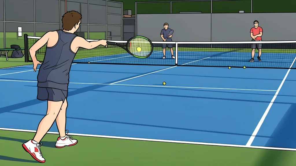 A flat-vector illustration of a clay tennis court with a net and a single racket resting on the ground.
