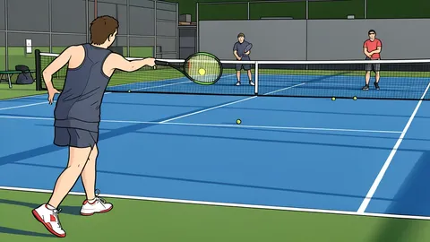 A flat-vector illustration of a clay tennis court with a net and a single racket resting on the ground.