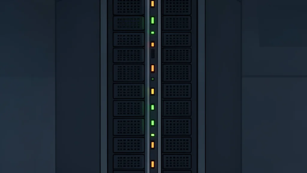 A server rack with blinking status lights in a dimly lit data center