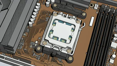 A computer processor chip mounted on a circuit board with a metal heat spreader