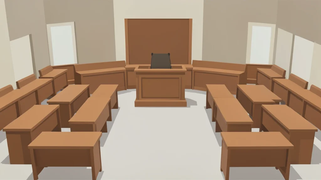 A legislative chamber with rows of empty wooden desks and a central podium