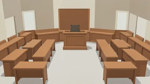 A legislative chamber with rows of empty wooden desks and a central podium