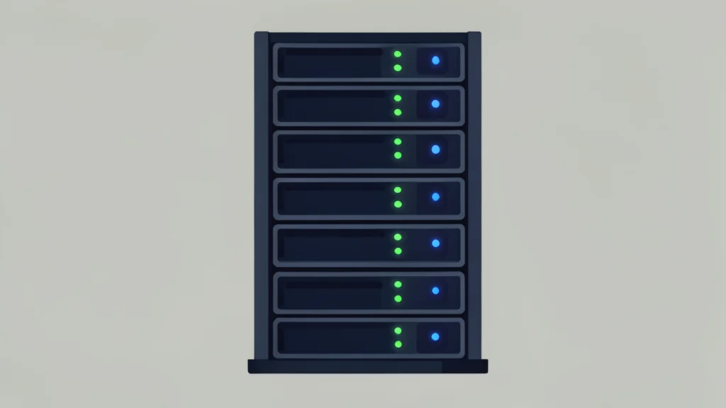 A flat vector illustration of a server rack in a data center with glowing indicator lights.