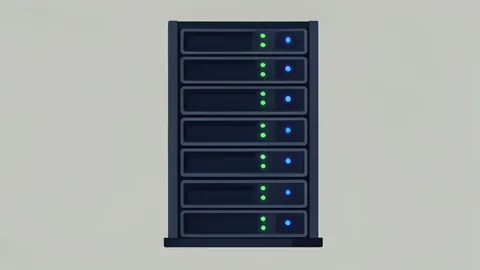 A flat vector illustration of a server rack in a data center with glowing indicator lights.