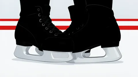 A flat-vector illustration of a polished ice hockey rink with white boards and red goal lines, featuring a single hockey stick resting on the ice.