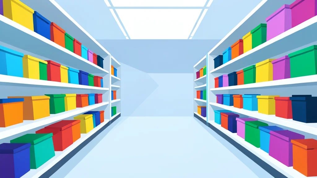A flat vector illustration of a retail store aisle with shelves stocked with colorful consumer goods.