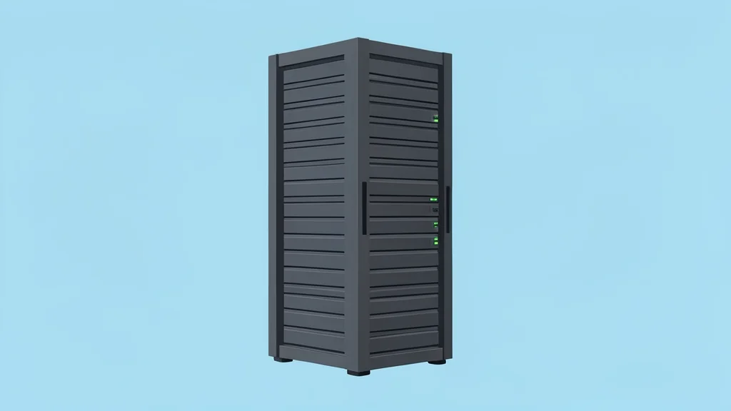 A stylized server rack standing in a minimalist digital landscape