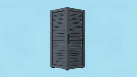 A stylized server rack standing in a minimalist digital landscape