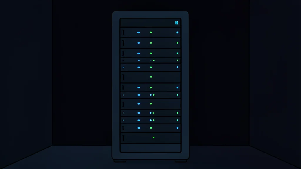 A server rack with blinking status lights in a dark data center