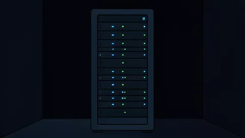 A server rack with blinking status lights in a dark data center