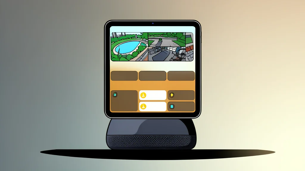 A flat vector illustration of a square tabletop smart display with a camera lens, placed on a wooden surface next to a cylindrical smart speaker.