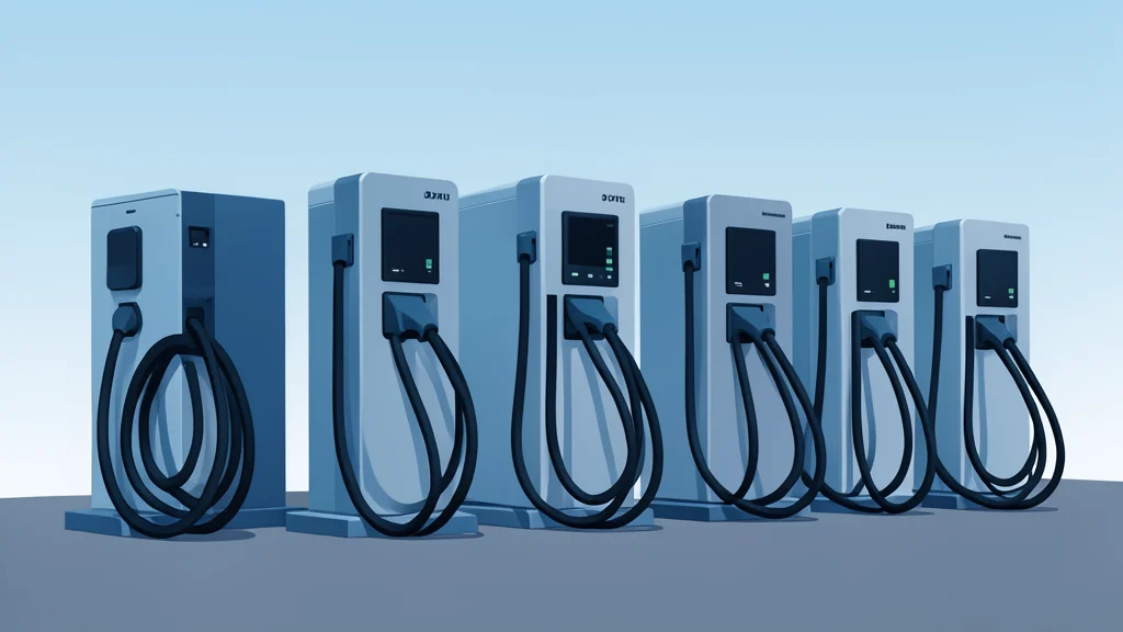 A row of electric vehicle charging stations with cables coiled on the ground