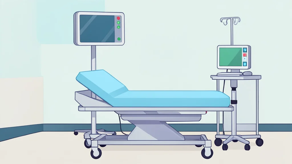 A flat-vector illustration of a hospital delivery room with a bed and medical equipment.