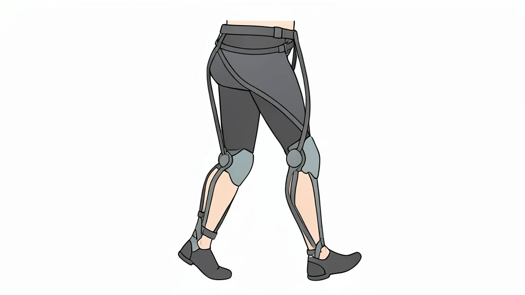 A flat vector illustration of a lightweight exoskeleton frame worn around the waist and lower legs, featuring articulated joints and straps, designed to assist with walking.