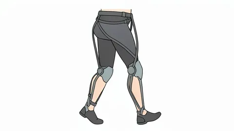 A flat vector illustration of a lightweight exoskeleton frame worn around the waist and lower legs, featuring articulated joints and straps, designed to assist with walking.