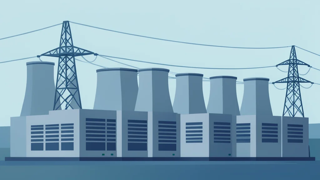 A flat-vector illustration of a large industrial data center facility with cooling towers and high-voltage transmission lines in the background.
