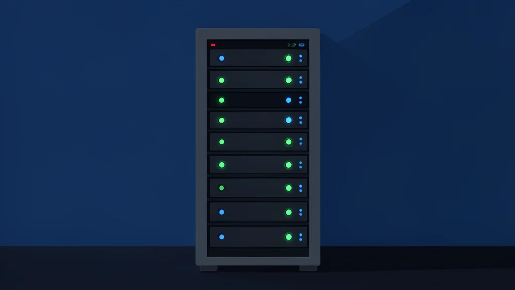 A server rack with blinking status lights in a dark data center