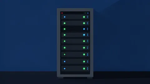 A server rack with blinking status lights in a dark data center