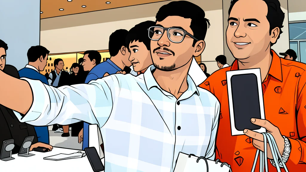 A flat-vector illustration of a factory floor with robotic arms moving smartphones along a conveyor belt.