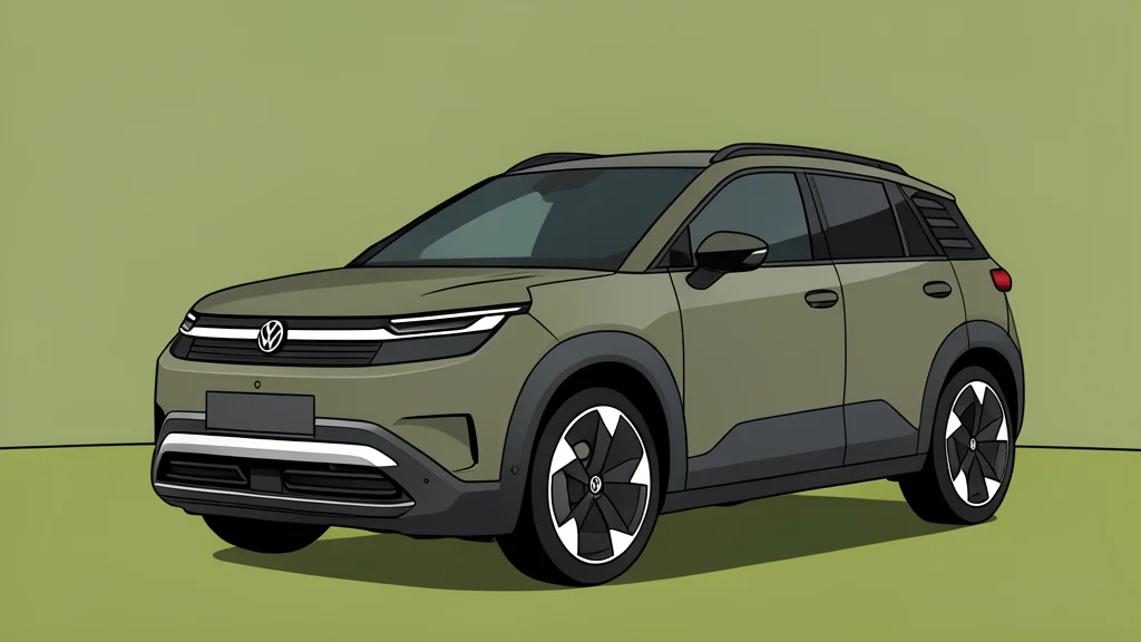 A modern electric SUV parked next to a large industrial factory building with loading bays