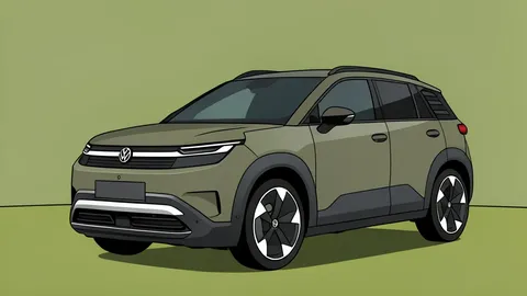 A modern electric SUV parked next to a large industrial factory building with loading bays