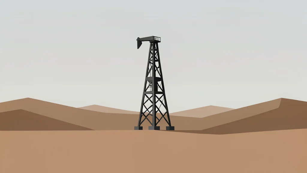 An oil derrick standing in a flat, arid landscape