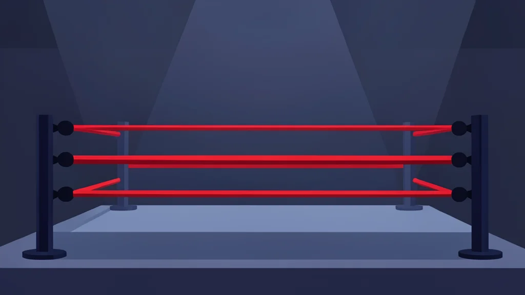 A wrestling ring with red ropes and turnbuckles in a dimly lit arena
