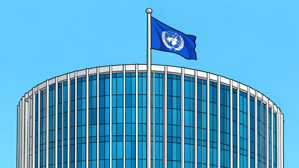 A flat-vector illustration of the United Nations headquarters building in New York City, showing its distinctive curved architecture and flagpole, rendered in neutral tones without any text or logos.