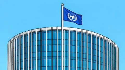 A flat-vector illustration of the United Nations headquarters building in New York City, showing its distinctive curved architecture and flagpole, rendered in neutral tones without any text or logos.
