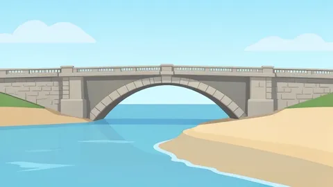 A coastal bridge spanning a river mouth with a sandy beach and calm ocean water in the background