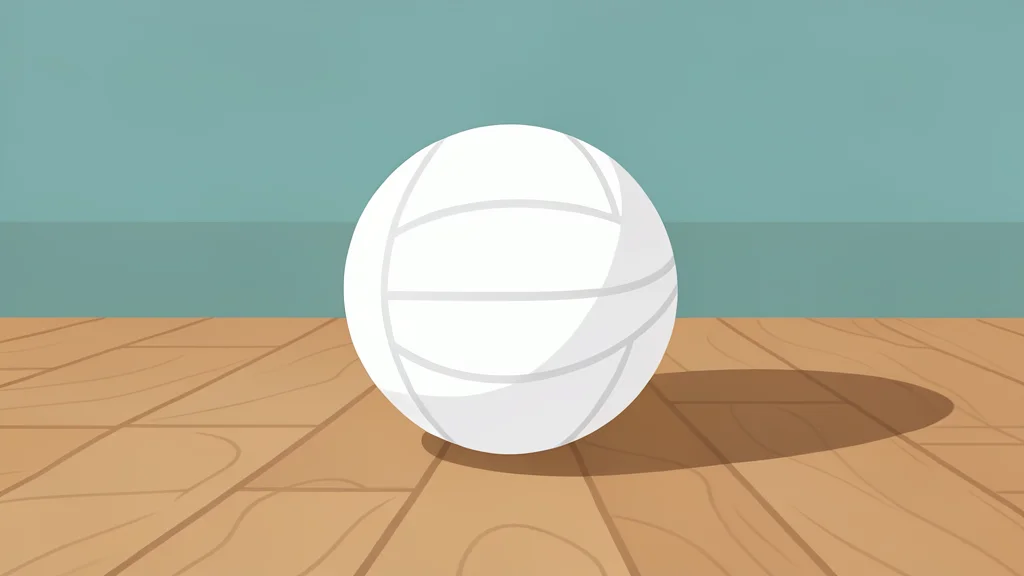 A white volleyball resting on a polished wooden court floor
